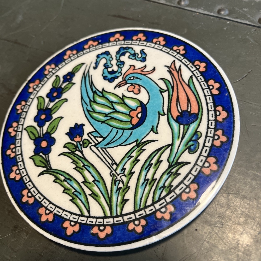Trivet Turkish Handmade Ceramic Hot Plate Blue Peach Flowers Rooster 6-1/4"
